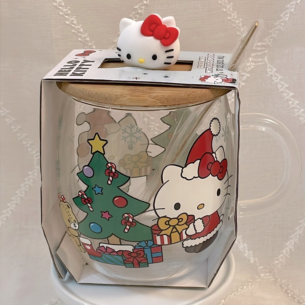Hello Kitty Glass Christmas Mug With Wooden Lid & Metal Spoon Brand New